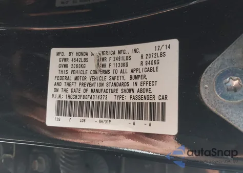 2015 Honda Accord Ex-L V-6 from USA, damaged, VIN 1HGCR3F80FA014373